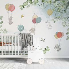 Tapet personalizat natura pentru copii cu iepurasi plutind cu baloane colorate in natura pe fundal alb baby bunny