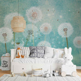 Tapet personalizat natura pentru copii cu flori de papadii albe pe fundal verde turcoaz white dandelions