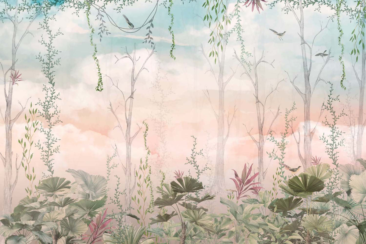 Tapet Personalizat Natura pentru copii cu jungla cu liane si cer rozaliu - LIGHT PINK DUSK