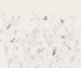 Tapet Personalizat Natura pentru copii cu pasari si plante salbatice in nuante de gri si alb - WILD BIRDIES