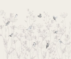 Tapet Personalizat Natura pentru copii cu pasari si plante salbatice in nuante de gri si alb - WILD BIRDIES