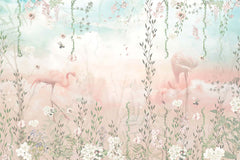 Tapet Personalizat Natura pentru copii cu jungla cu flamingo in nuante pastelate de roz si albastru - PASTEL FLAMINGO