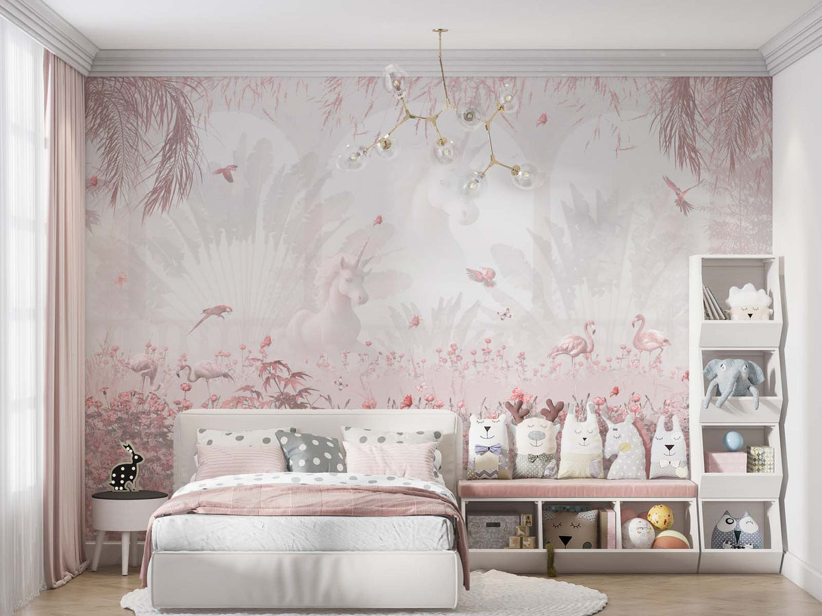Tapet Personalizat Natura pentru copii cu padure roz si unicorni - PINKY UNICORNS