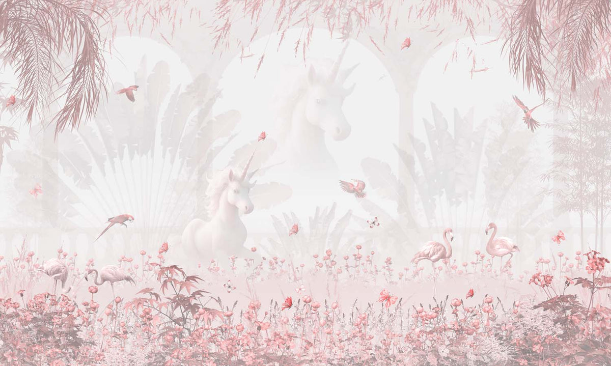 Tapet Personalizat Natura pentru copii cu padure roz si unicorni - PINKY UNICORNS