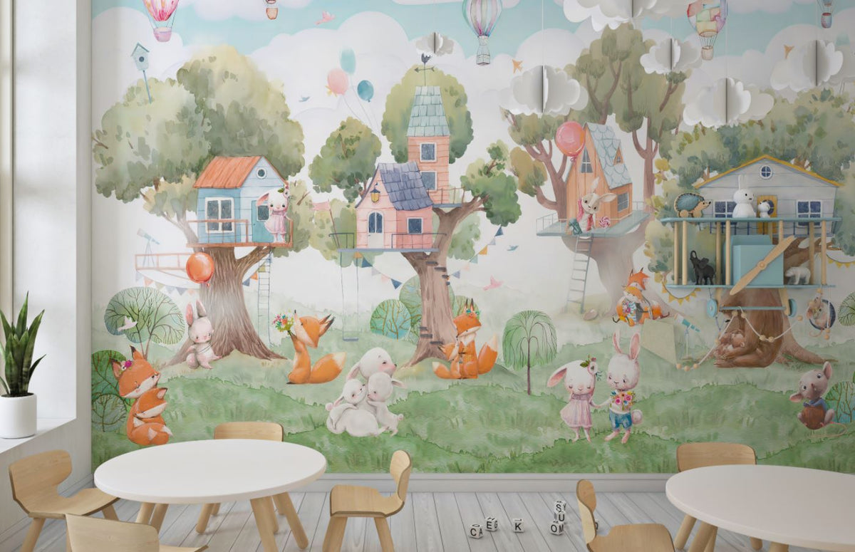 Tapet Personalizat Natura pentru copii cu casute colorate in copaci  - TREE HOUSE VILLAGE