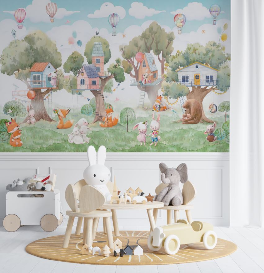 Tapet Personalizat Natura pentru copii cu casute colorate in copaci  - TREE HOUSE VILLAGE