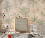 Tapet Personalizat Natura pentru copii cu palmieri si frunze in nuante de bej si verde - CREAM PALM OUTLINE