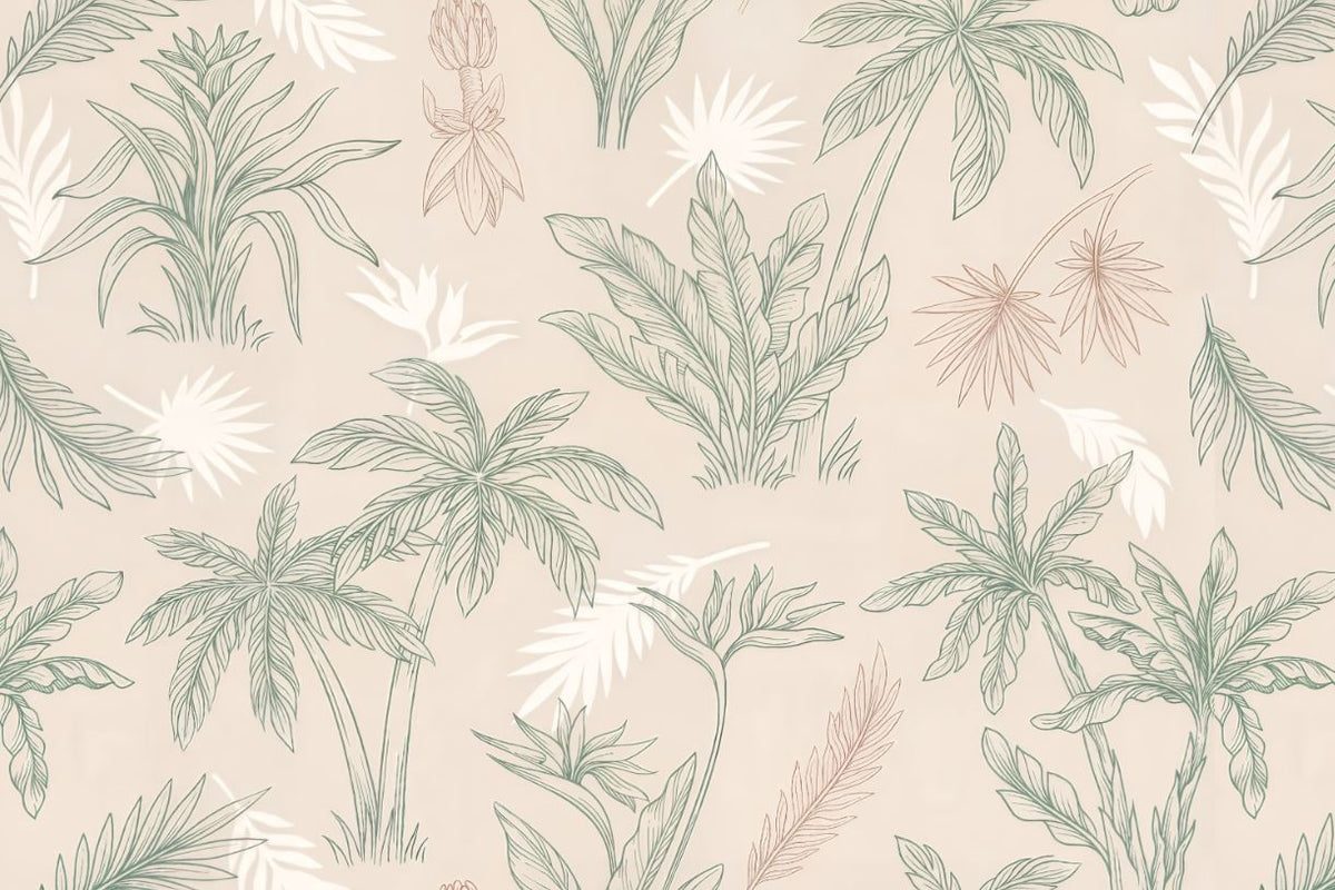 Tapet Personalizat Natura pentru copii cu palmieri si frunze in nuante de bej si verde - CREAM PALM OUTLINE