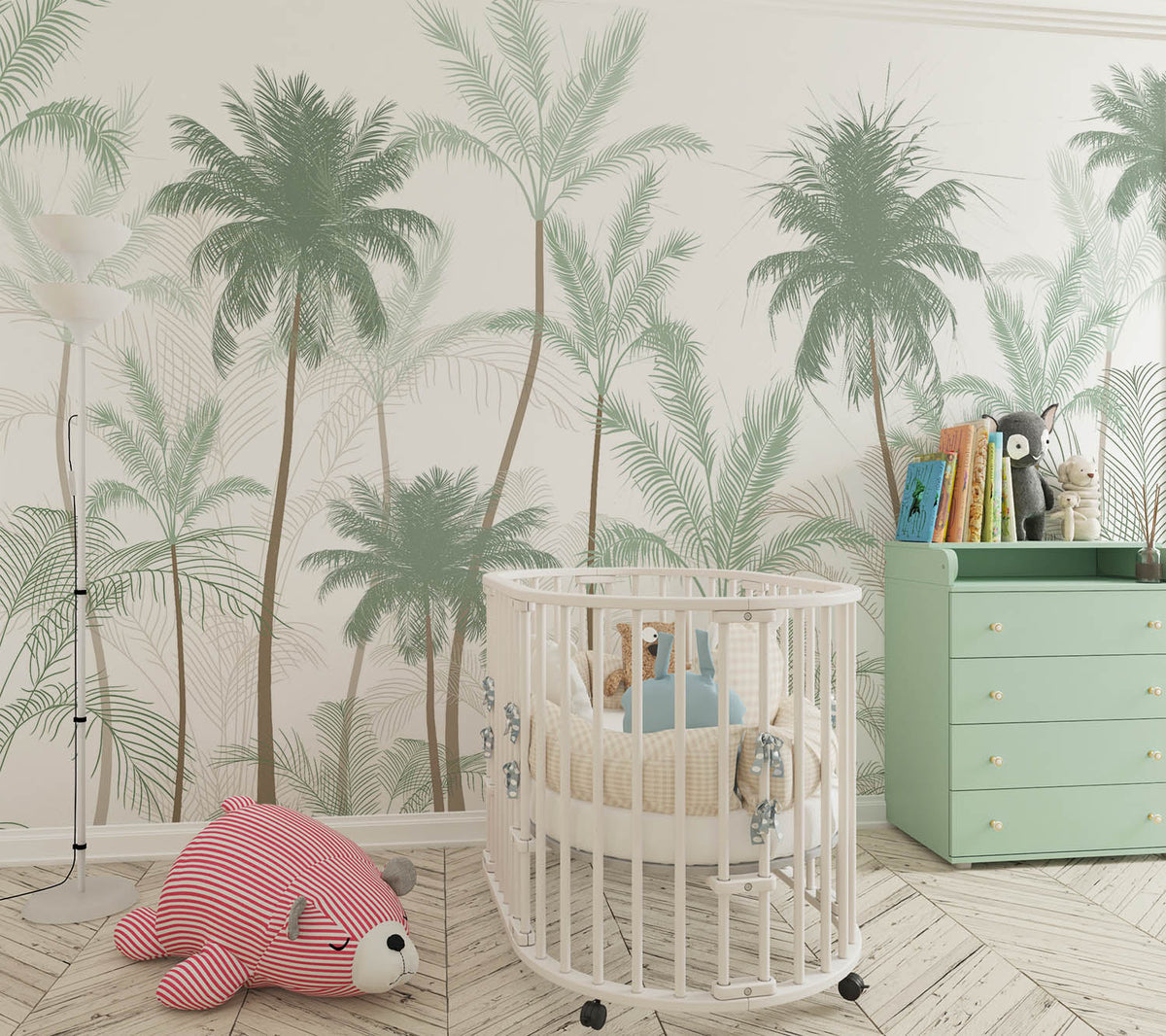 Tapet Personalizat Natura pentru copii cu palmieri inalti in nuante de verde pastel - PASTEL GREEN PALMS
