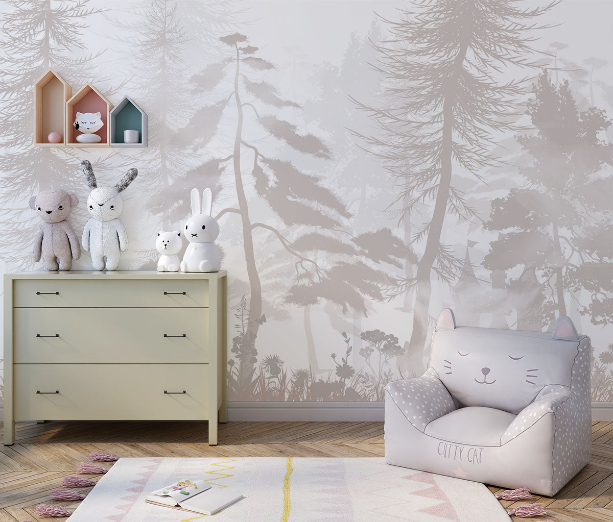 Tapet Personalizat Natura pentru copii cu padure de conifere in nuante bej - PASTEL BEIGE FOREST