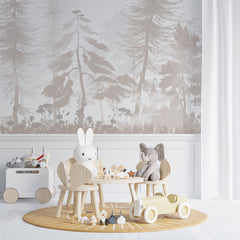 Tapet Personalizat Natura pentru copii cu padure de conifere in nuante bej - PASTEL BEIGE FOREST