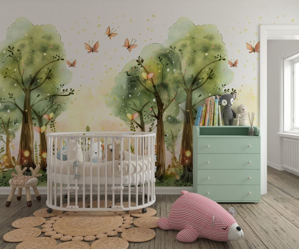 Tapet Personalizat Natura pentru copii cu copaci, licurici si fluturi - FAIRY BUTTERFLY FOREST