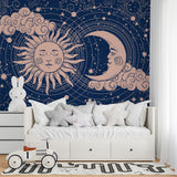 Tapet personalizat universul spatial pentru copii cu soarele si luna pe cerul instelat soon & moon
