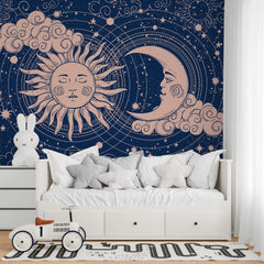 Tapet personalizat universul spatial pentru copii cu soarele si luna pe cerul instelat soon & moon