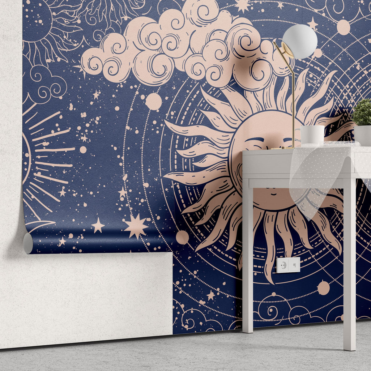 Tapet personalizat universul spatial pentru copii cu soarele si luna pe cerul instelat soon & moon