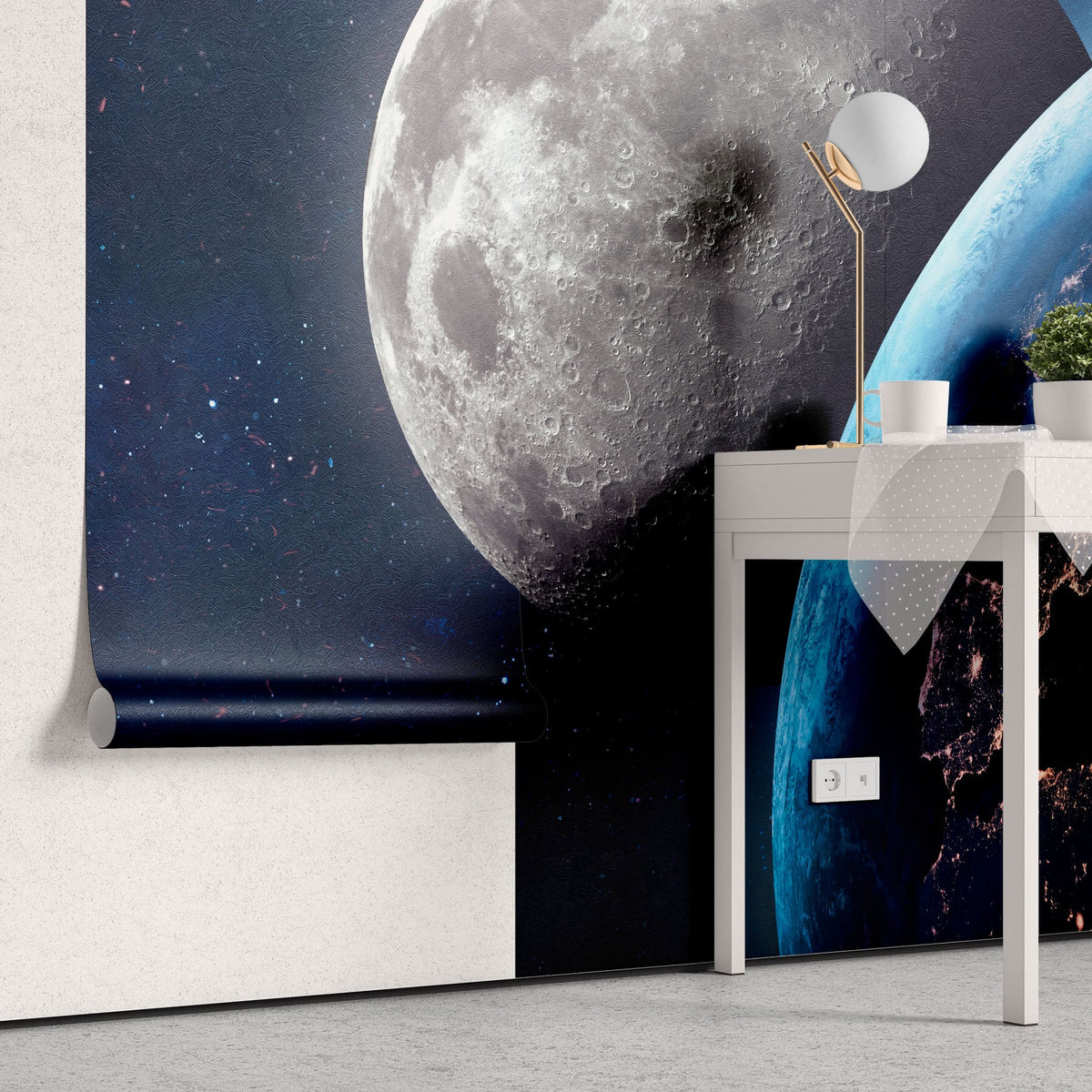 Tapet personalizat universul spatial pentru copii cu luna si planeta pamant vazute din spatiu earth & moon