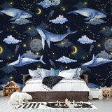 Tapet personalizat universul spatial pentru copii cu balene pe cerul negru printre luna stele constelatii si nori night wale