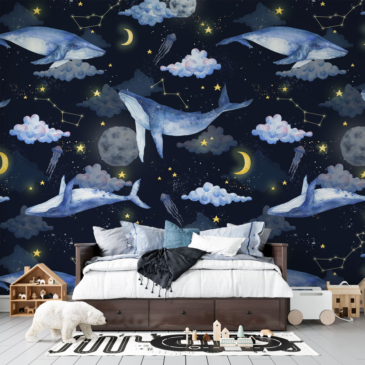 Tapet personalizat universul spatial pentru copii cu balene pe cerul negru printre luna stele constelatii si nori night wale