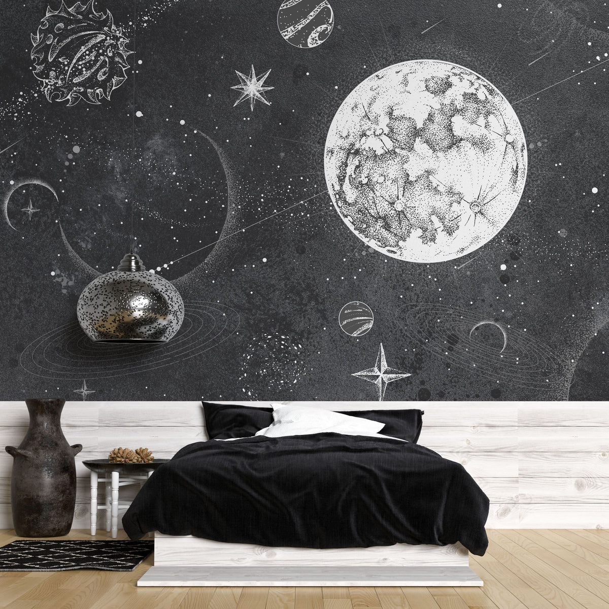 Tapet personalizat universul spatial pentru copii cu planete stele si constelatii in spatiu in alb negru monochrome planets