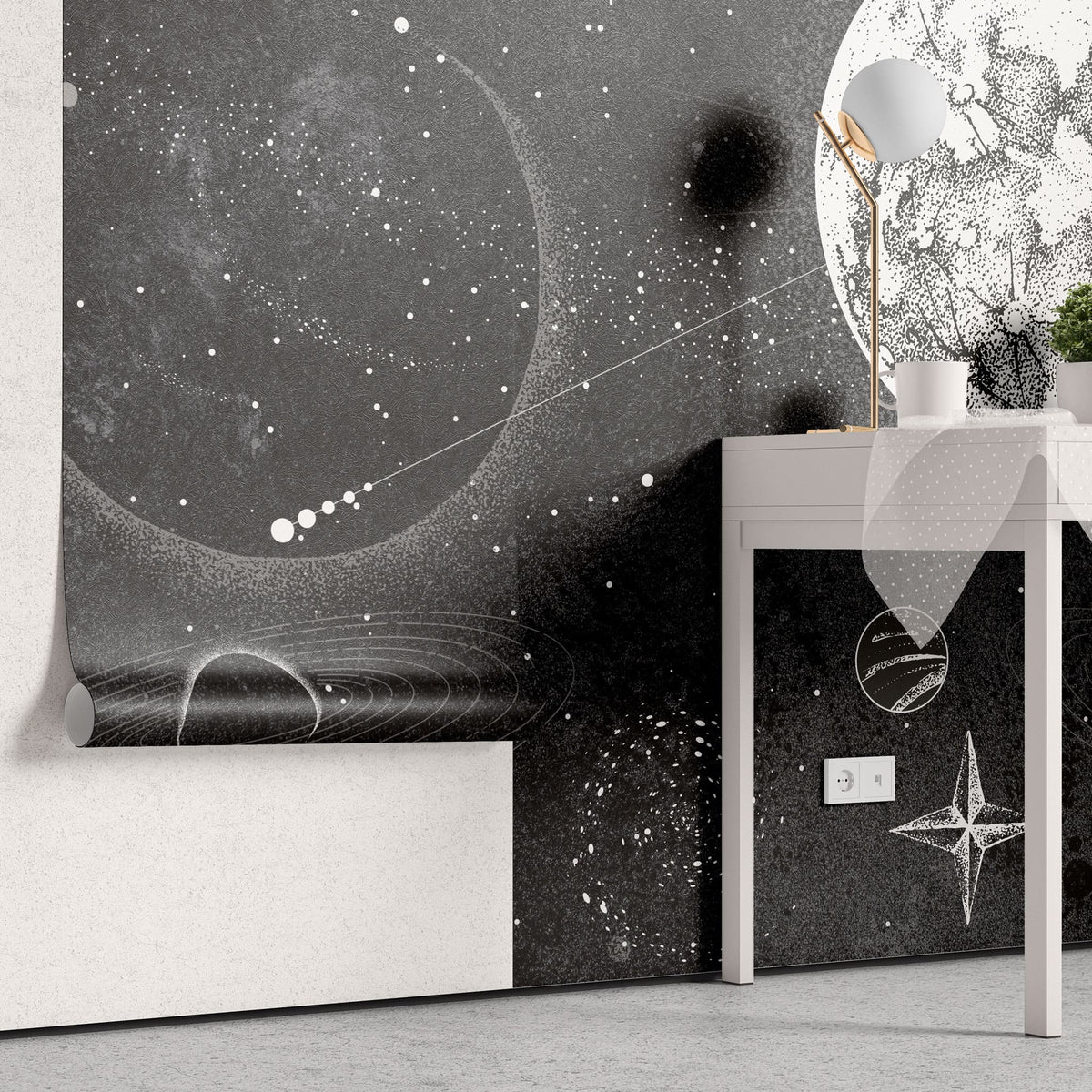 Tapet personalizat universul spatial pentru copii cu planete stele si constelatii in spatiu in alb negru monochrome planets