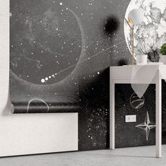 Tapet personalizat universul spatial pentru copii cu planete stele si constelatii in spatiu in alb negru monochrome planets