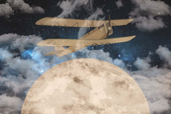 Tapet Personalizat Universul Spatial pentru Copii cu avion zburand peste luna printre nori pe timp de noapte - CLOUDY NIGHT FLIGHT