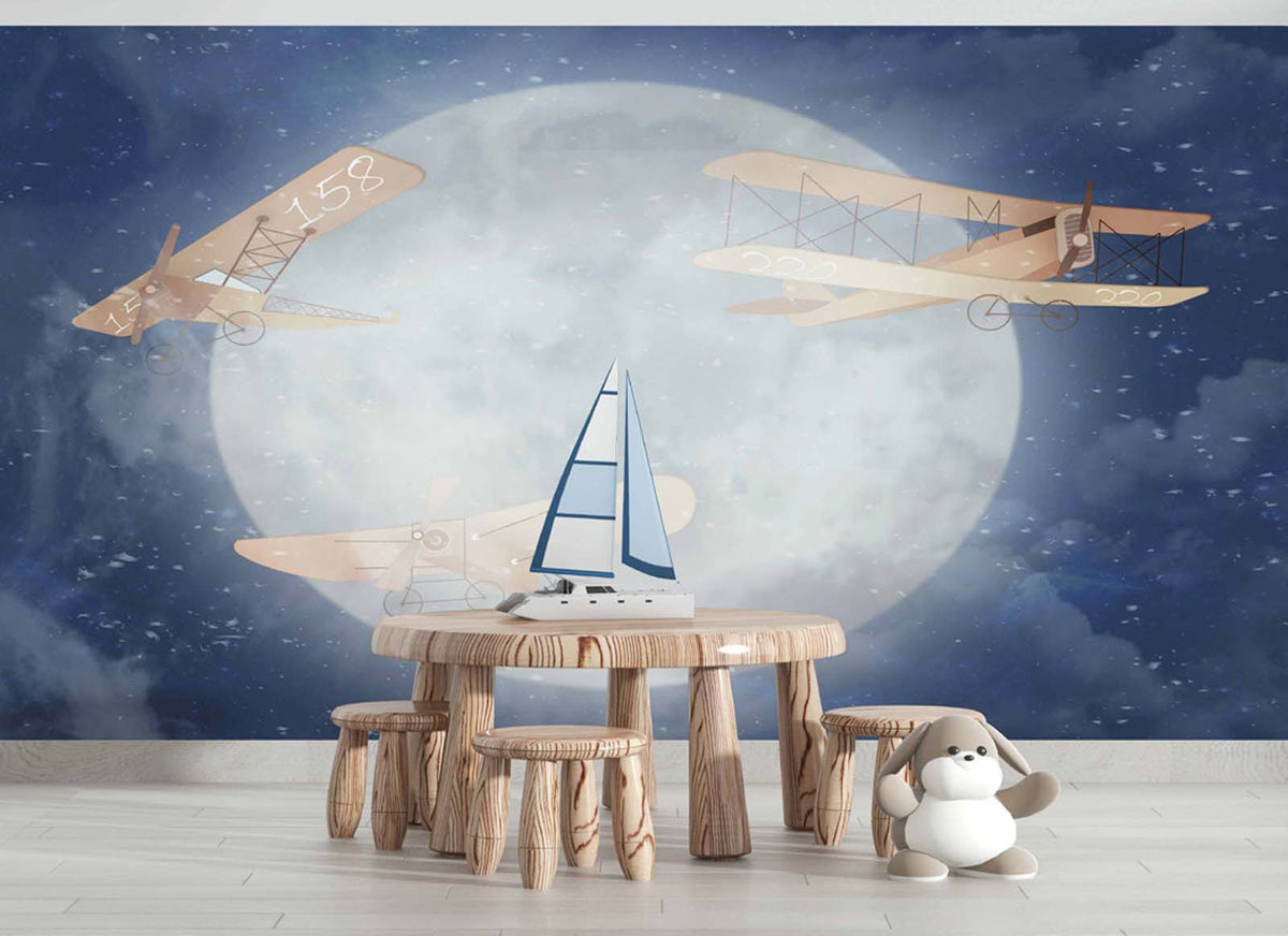 Tapet Personalizat Universul Spatial pentru Copii cu avioane zburand peste luna pe timp de noapte - MOON PLANES