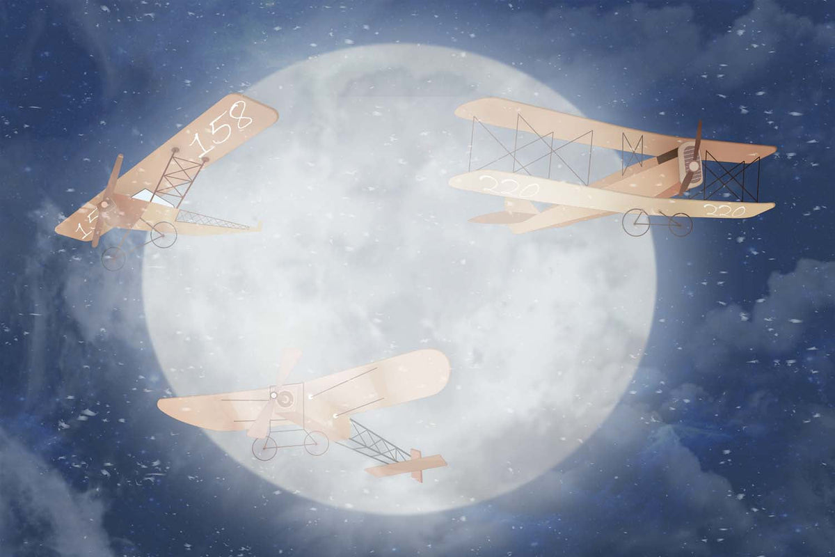 Tapet Personalizat Universul Spatial pentru Copii cu avioane zburand peste luna pe timp de noapte - MOON PLANES
