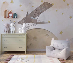 Tapet Personalizat Universul Spatial pentru Copii cu avion zburand peste luna printre stele in nuante de bej - STARRY MOON PLANE