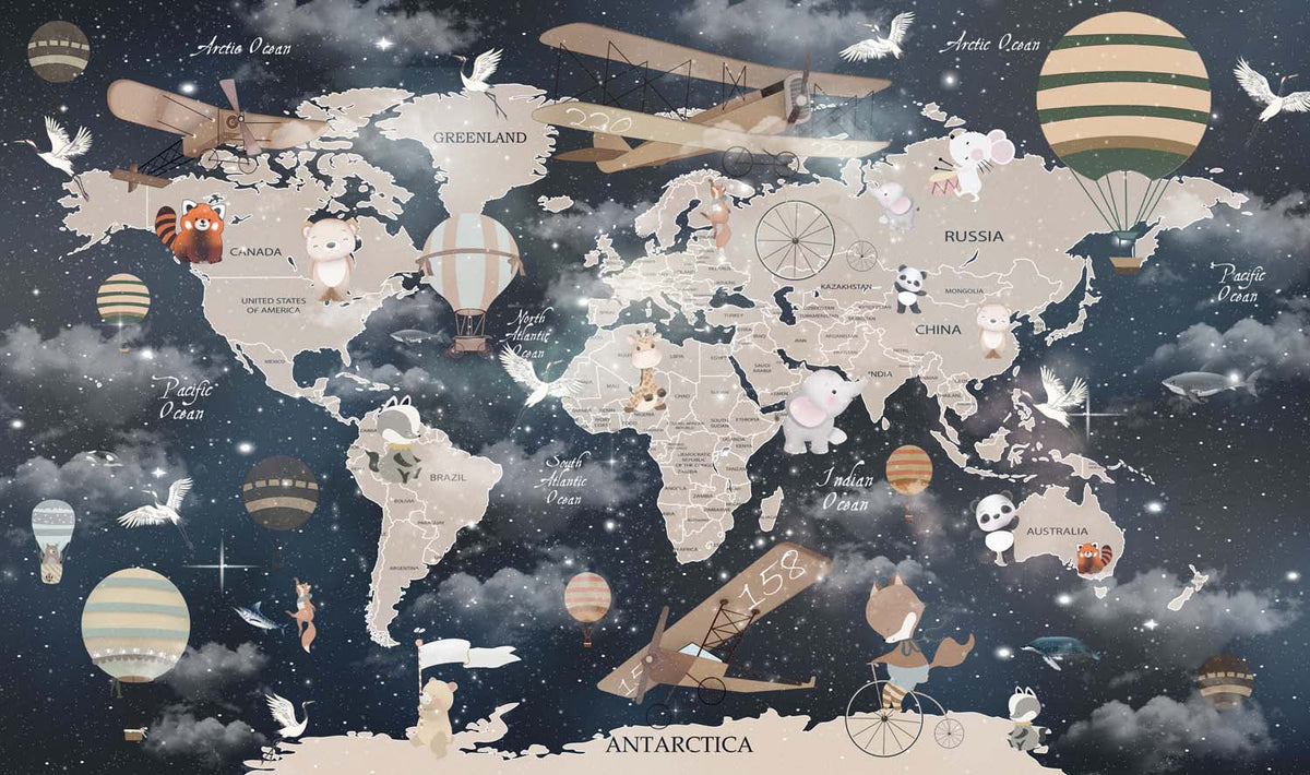 Tapet Personalizat Universul Spatial pentru Copii cu harta lumii pe fundal spatial - MIDNIGHT MAP