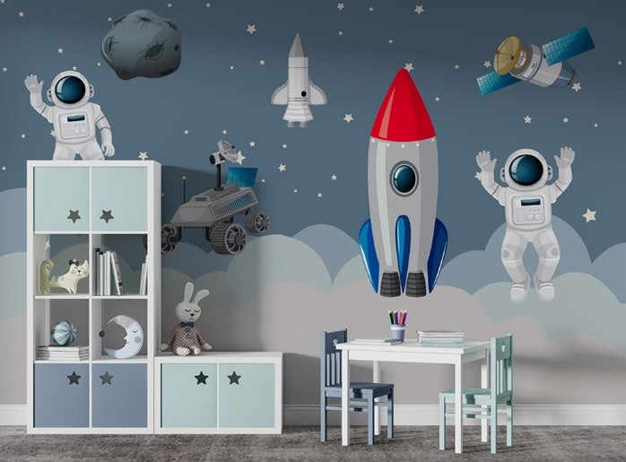 Tapet Personalizat Universul Spatial pentru Copii cu astronauti si rachete spatiale - HAPPY ASTRONAUTS