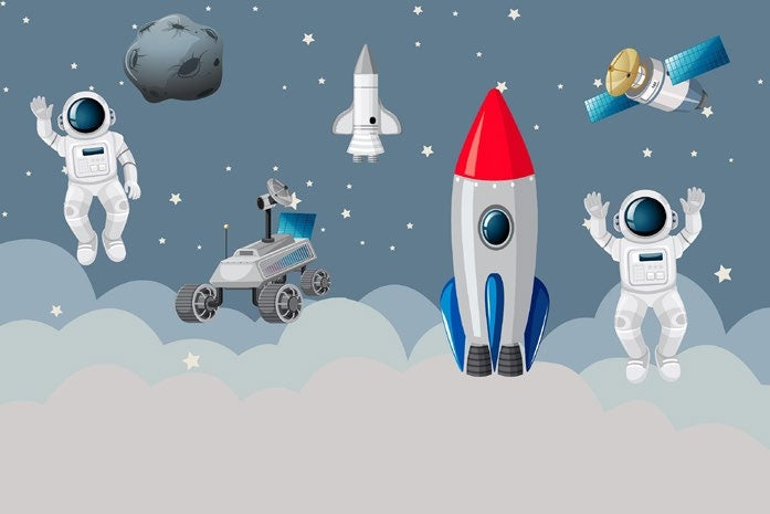 Tapet Personalizat Universul Spatial pentru Copii cu astronauti si rachete spatiale - HAPPY ASTRONAUTS