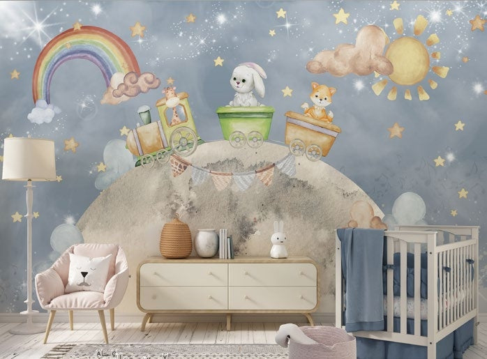 Tapet Personalizat Universul Spatial pentru Copii cu animalute mergand pe luna cu trenulet - RAINBOW MOON
