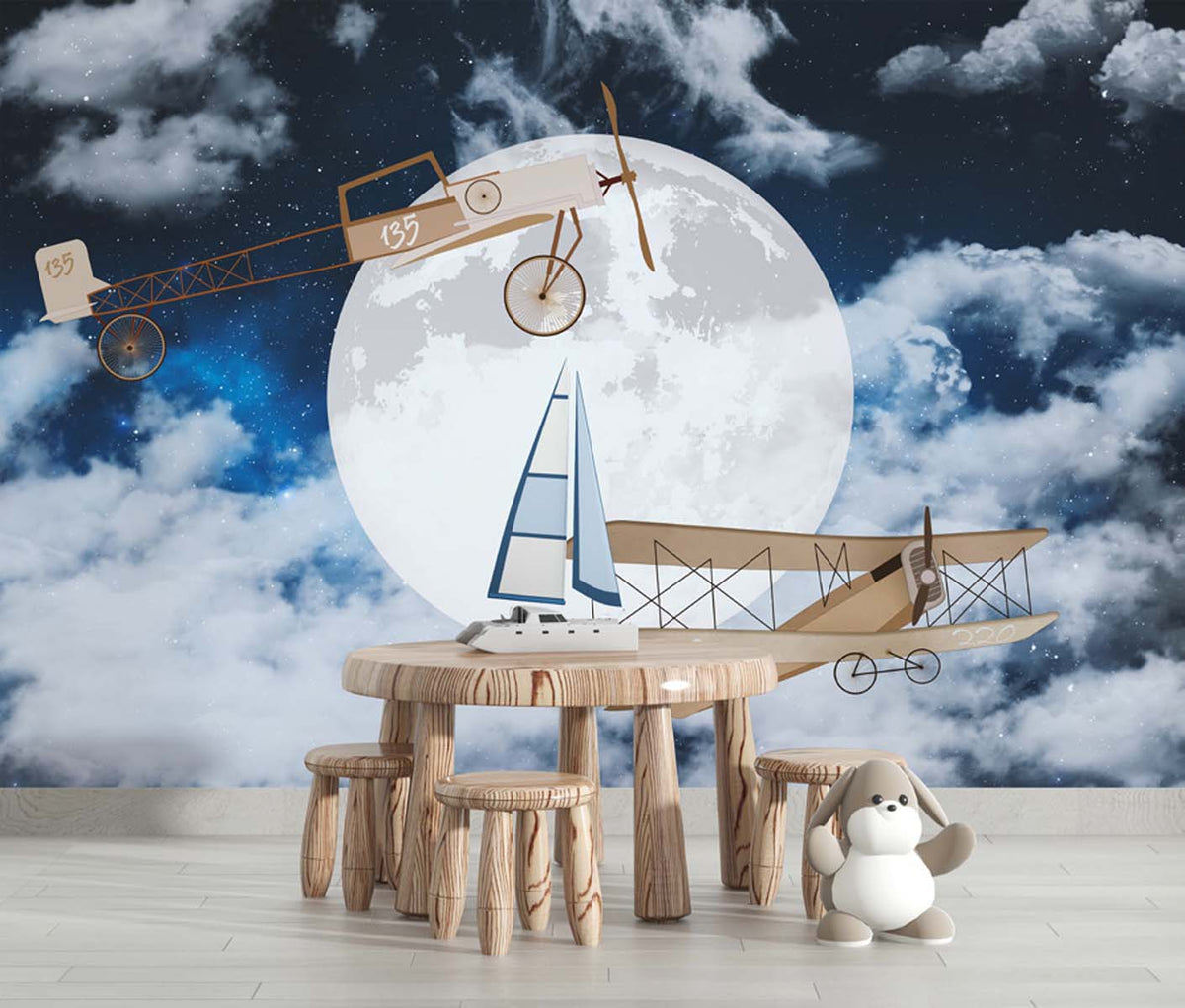 Tapet Personalizat Universul Spatial pentru Copii cu avioane zburand peste luna printre nori pe timp de noapte - CLOUDY NIGHT FLIGHT II