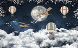 Tapet Personalizat Universul Spatial pentru Copii cu avioane si baloane cu aer cald deasupra norilor cu luna plina - OVER THE CLOUDS