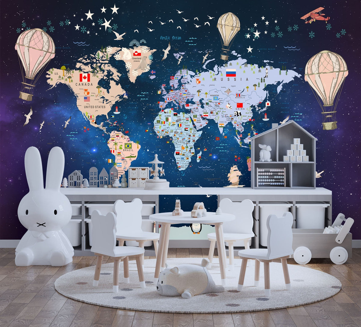 Tapet Personalizat Universul Spatial pentru Copii cu harta lumii cu steaguri pe un fundal spatial - SPACE MAP