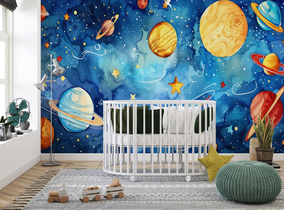Tapet Personalizat Universul Spatial pentru Copii cu sistemul solar in spatiu in stil pictura watercolor - STARRY PLANETS