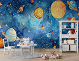 Tapet Personalizat Universul Spatial pentru Copii cu sistemul solar in spatiu in stil pictura watercolor - STARRY PLANETS