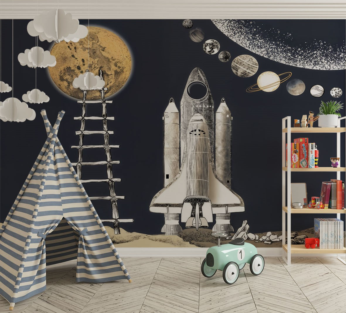 Tapet Personalizat Universul Spatial pentru Copii cu aterizarea pe luna si sistemul solar - MOON LANDING
