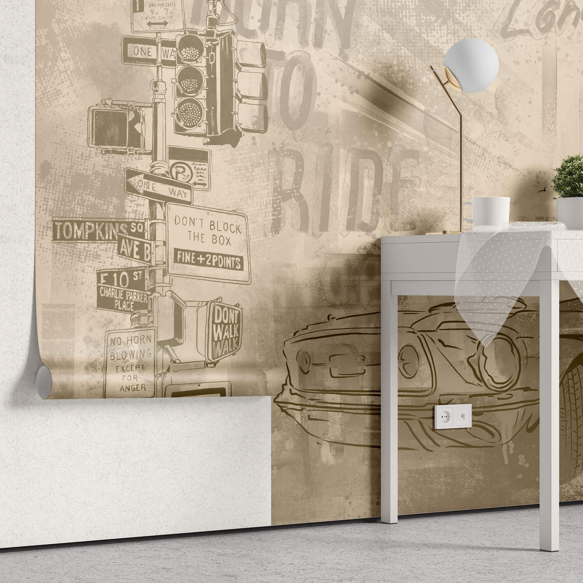Tapet Personalizat Masini cu masina intr-o ilustratie in nuante sepia - DUSTY TOWN RIDE