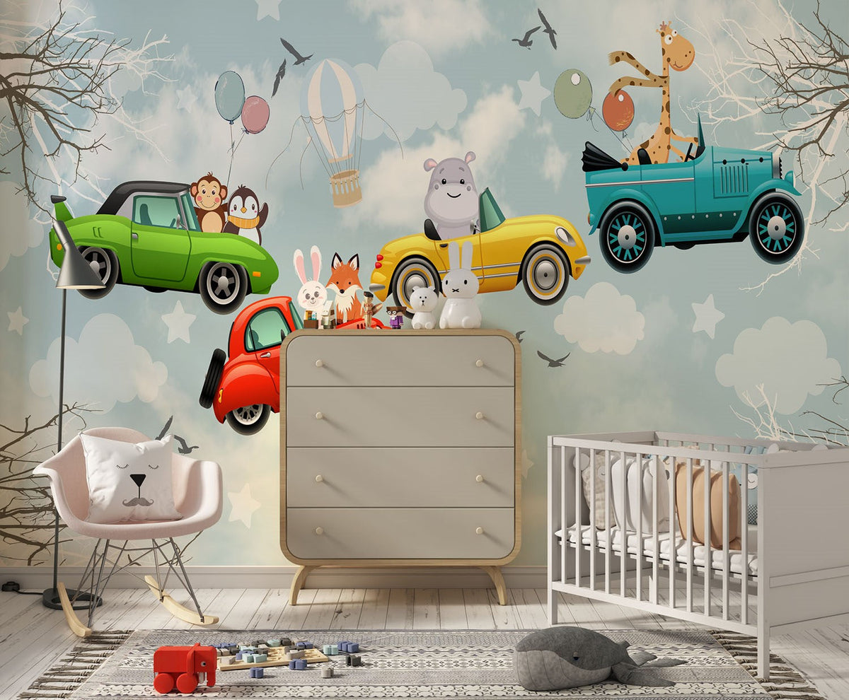 Tapet Personalizat Masini cu masini colorate cu animalute zburand pe cer - FLYING CARS