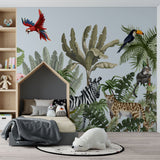 Tapet personalizat jungla amazoniana pentru copii cu plante tropicale si animale exotice printre care zebre leoparzi papagali colorati maimute flamingo exotic amazon