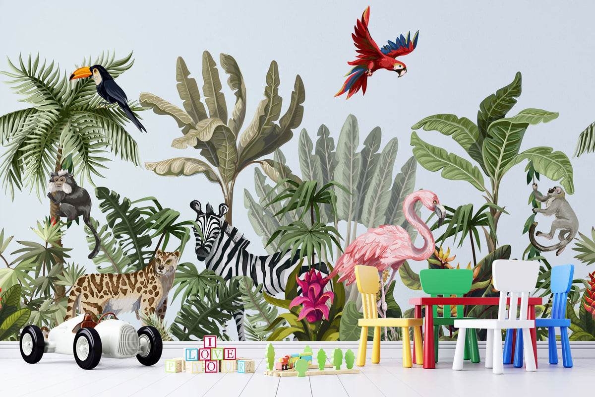 Tapet personalizat jungla amazoniana pentru copii cu peisaj safari cu animale exotice girafe capre negre safari sketch