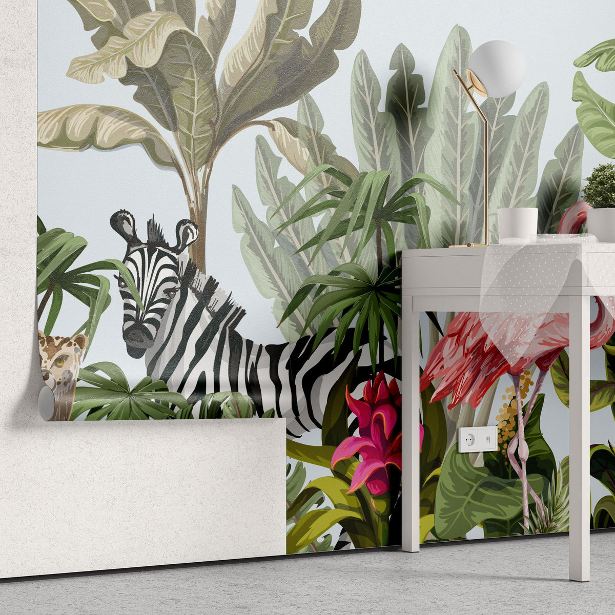 Tapet personalizat jungla amazoniana pentru copii cu peisaj safari cu animale exotice girafe capre negre safari sketch