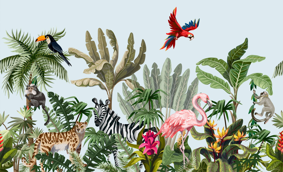 Tapet personalizat jungla amazoniana pentru copii cu peisaj safari cu animale exotice girafe capre negre safari sketch