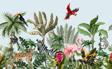 Tapet personalizat jungla amazoniana pentru copii cu plante tropicale si animale exotice printre care zebre leoparzi papagali colorati maimute flamingo exotic amazon