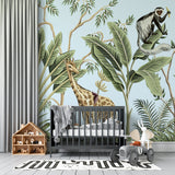 Tapet personalizat jungla amazoniana pentru copii cu plante tropicale si animale exotice printre care zebre leoparzi papagali colorati maimute flamingo exotic amazon