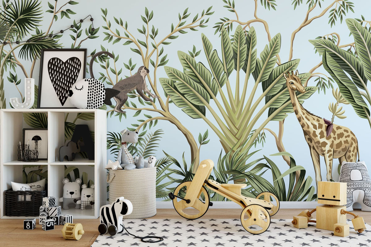 Tapet personalizat jungla amazoniana cu pentru copii palmieri bananieri plante tropicale si animale exotice printre care zebre leoparzi elefanti maimute jungle landscape