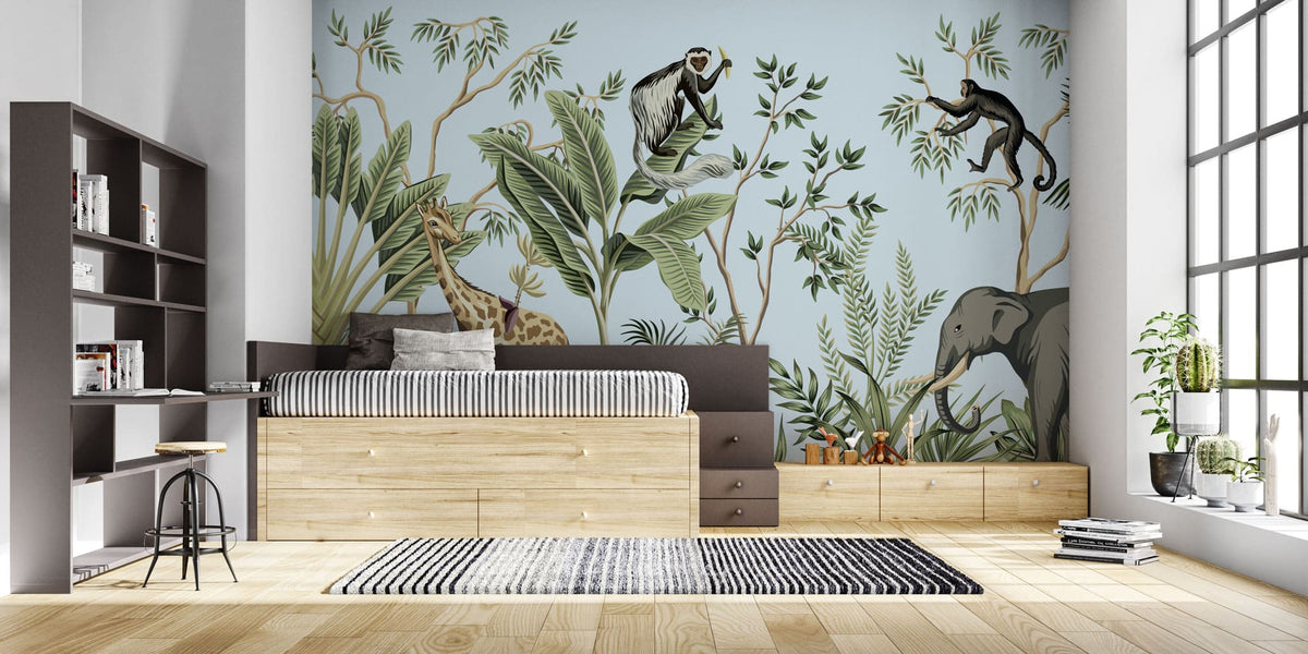 Tapet personalizat jungla amazoniana cu pentru copii palmieri bananieri plante tropicale si animale exotice printre care zebre leoparzi elefanti maimute jungle landscape