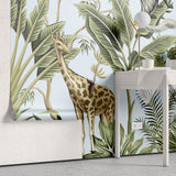 Tapet personalizat jungla amazoniana cu pentru copii palmieri bananieri plante tropicale si animale exotice printre care zebre leoparzi elefanti maimute jungle landscape
